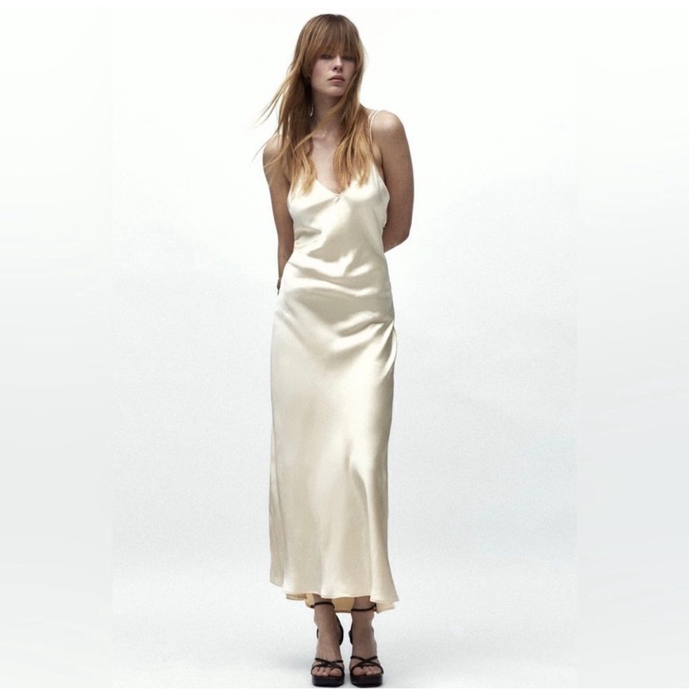 ZARA Satin Maxi Slip Dress Sz L Champagne‎ Gold Double Strap NEW with FLAW